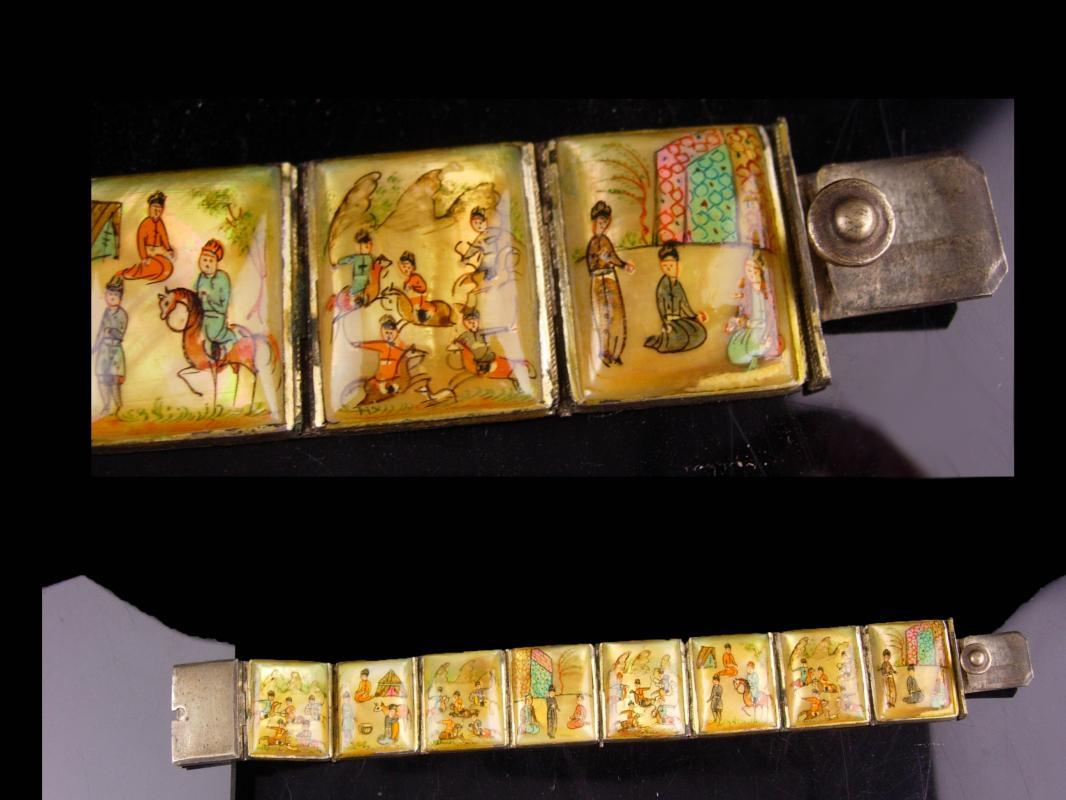 Vintage Wide Persian Bracelet - Antique portrait miniatures - storytelling panels - set in silver and mother of pearl