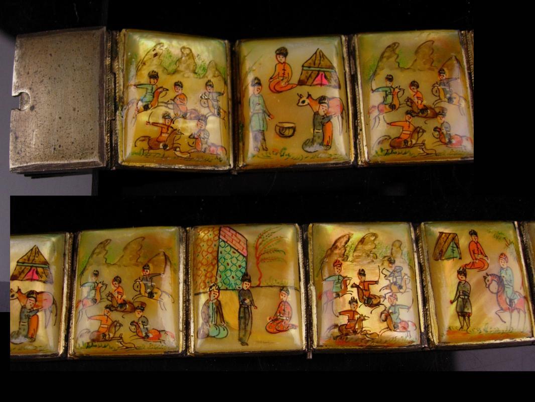 Vintage Wide Persian Bracelet - Antique portrait miniatures - storytelling panels - set in silver and mother of pearl