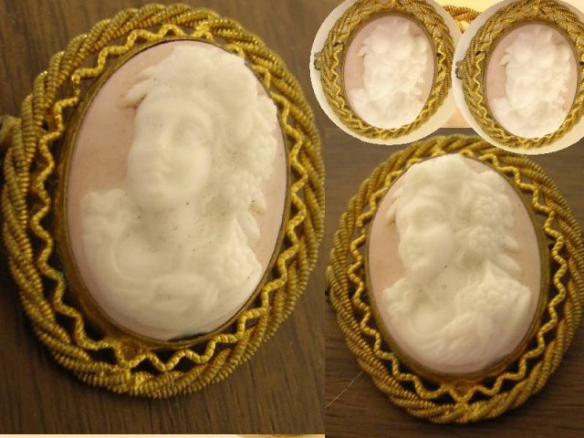 VIntage Pink Czech Cameo Set in gilt brooch