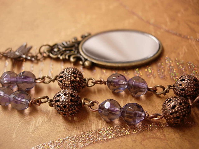 Victorian Mirror garden charm NEcklace dragonfly and purple faceted glass