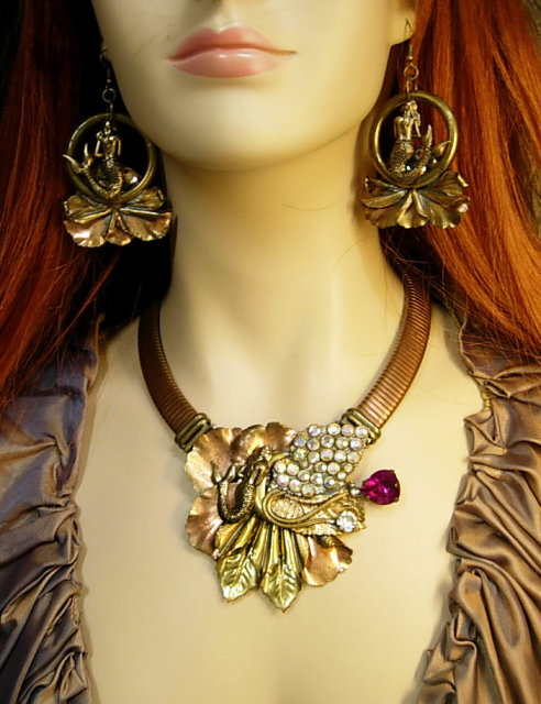 Bewitching MErmaid Necklace earrings mixed metals Mystical Aurora borealis vintage rhinestones