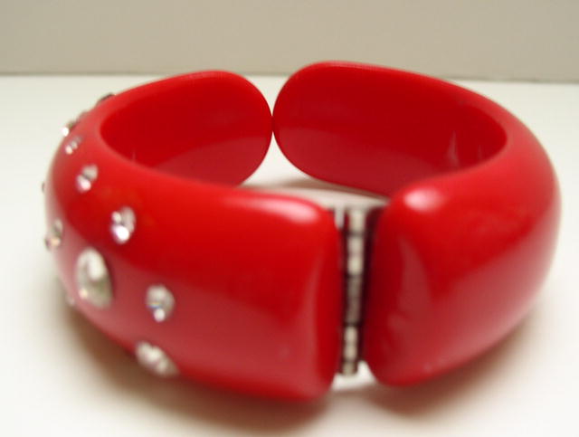 Lucite Red Bangle with Rhinestones