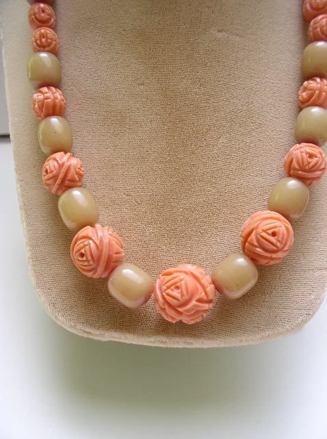 Vintage Carved Coral Colored Celluloid and Taupe