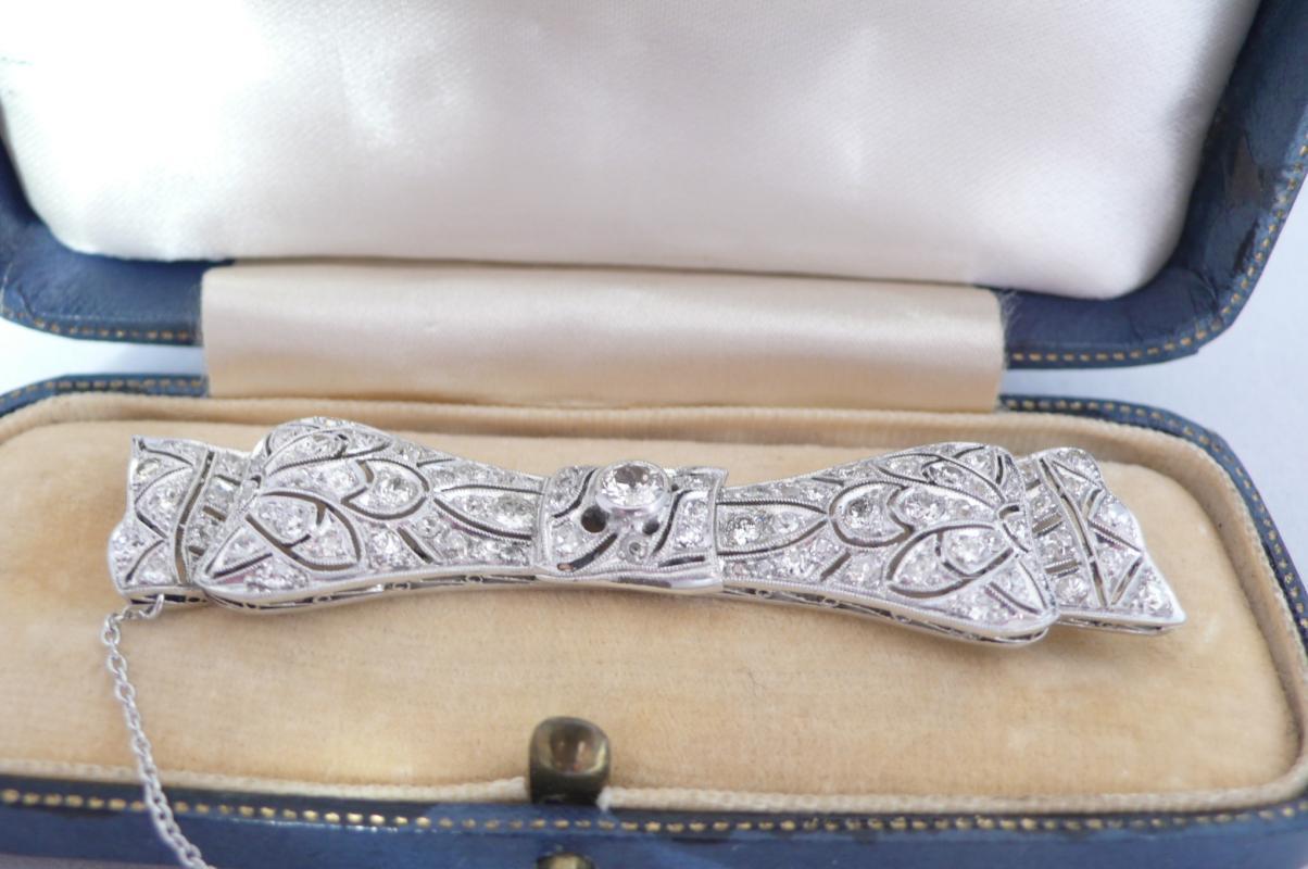 Deco Diamond and Platinum Bow Brooch