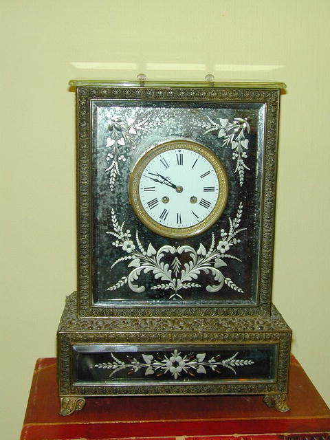 French  Brass & Etched Mirrored Glass CLOCK