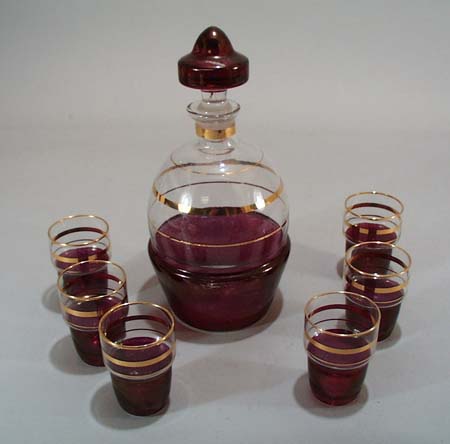 Cranberry Flashed decanter and 6 shot glasses