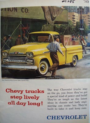 Chevy Trucks Step Lively All Day Long Ad 1958