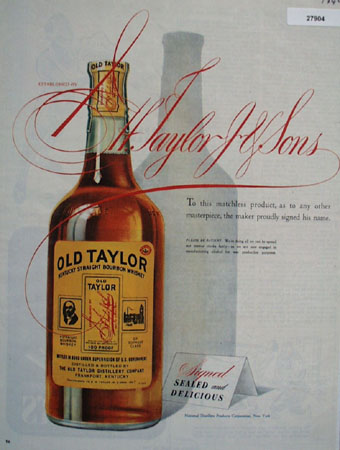 Old Taylor Whiskey Matchless Product Ad 1944