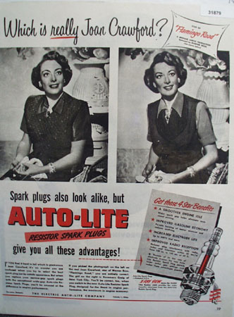 Auto Lite Spark Plugs Joan Crawford 1949 Ad