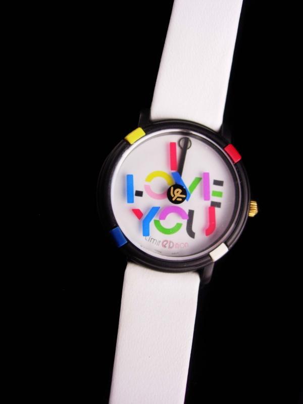 Vintage John Zaboyan I love you watch - white genuine leather band - womens sweetheart couture gift - hippie watch - pop art spinning dial