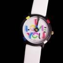 Vintage John Zaboyan I love you watch - white genuine leather band - womens sweetheart couture gift - hippie watch - pop art spinning dial