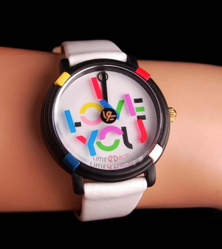 Vintage John Zaboyan I love you watch - white genuine leather band - womens sweetheart couture gift - hippie watch - pop art spinning dial
