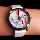 Vintage John Zaboyan I love you watch - white genuine leather band - womens sweetheart couture gift - hippie watch - pop art spinning dial