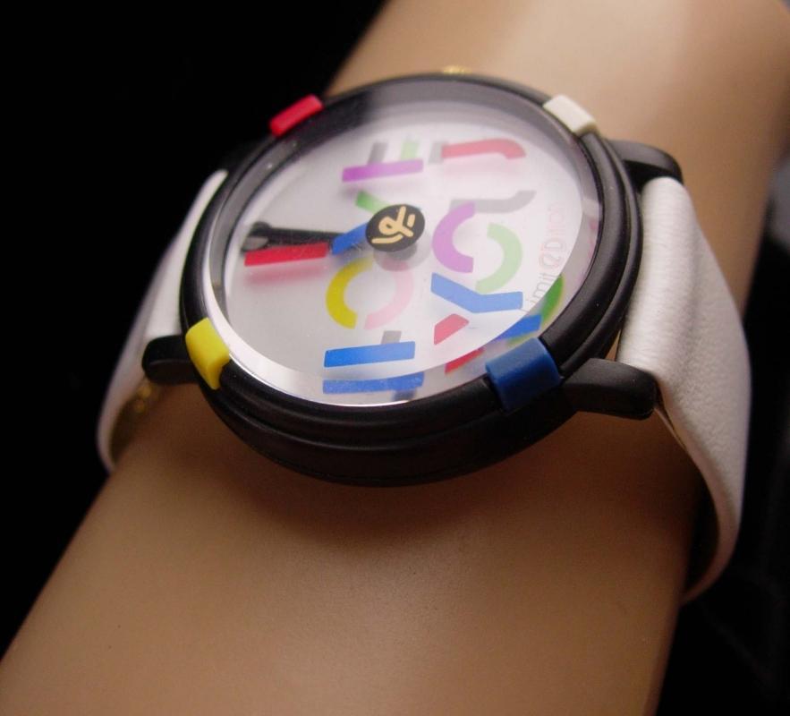 Vintage John Zaboyan I love you watch - white genuine leather band - womens sweetheart couture gift - hippie watch - pop art spinning dial