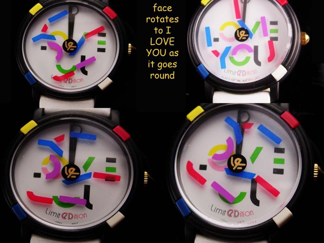 Vintage John Zaboyan I love you watch - white genuine leather band - womens sweetheart couture gift - hippie watch - pop art spinning dial