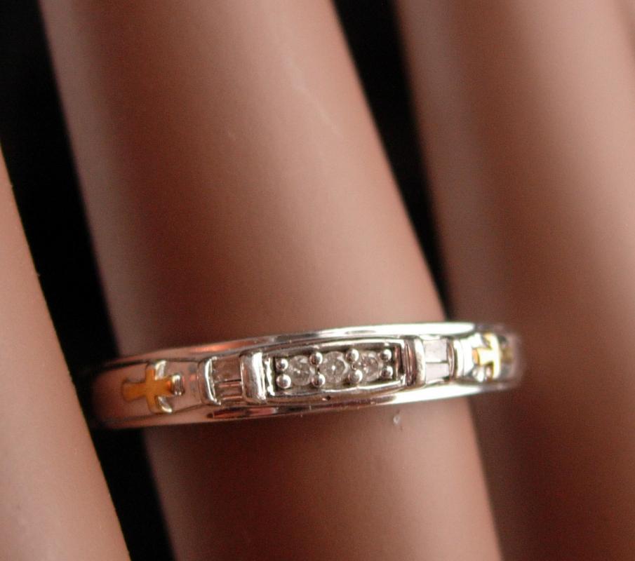 Genuine 3 Diamond wedding band - religious gold cross -  engagement ring - promise sweetheart anniversary sterling silver band size 6 1/2