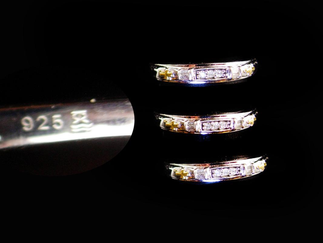 Genuine 3 Diamond wedding band - religious gold cross -  engagement ring - promise sweetheart anniversary sterling silver band size 6 1/2