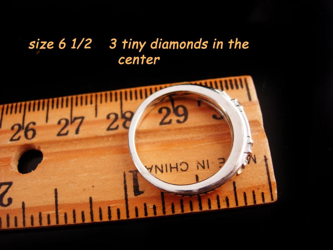 Genuine 3 Diamond wedding band - religious gold cross -  engagement ring - promise sweetheart anniversary sterling silver band size 6 1/2