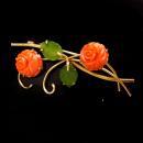 Vintage jade and coral flower brooch - 1940's sweetheart jewelry - Japanese oriental style - krementz gold filled pin