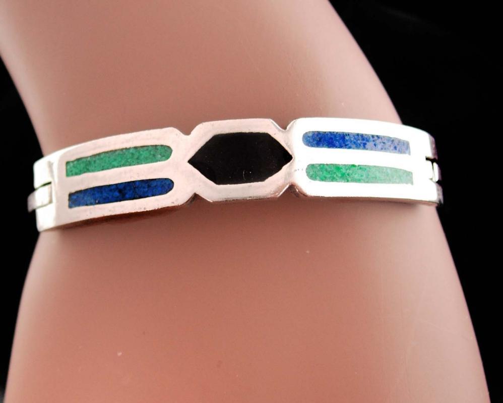 GORGEOUS Indian Bracelet - hinged sterling bangle - turquoise and enamel - mosaic design - silver Mexico jewelry - gift for her