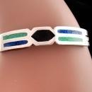 GORGEOUS Indian Bracelet - hinged sterling bangle - turquoise and enamel - mosaic design - silver Mexico jewelry - gift for her
