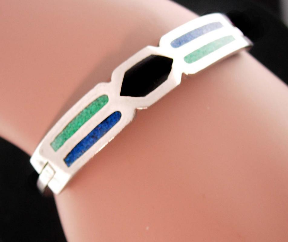 GORGEOUS Indian Bracelet - hinged sterling bangle - turquoise and enamel - mosaic design - silver Mexico jewelry - gift for her