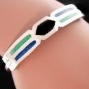 GORGEOUS Indian Bracelet - hinged sterling bangle - turquoise and enamel - mosaic design - silver Mexico jewelry - gift for her