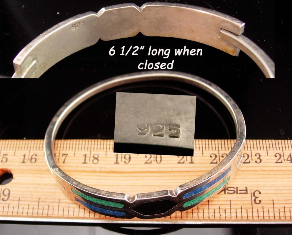 GORGEOUS Indian Bracelet - hinged sterling bangle - turquoise and enamel - mosaic design - silver Mexico jewelry - gift for her