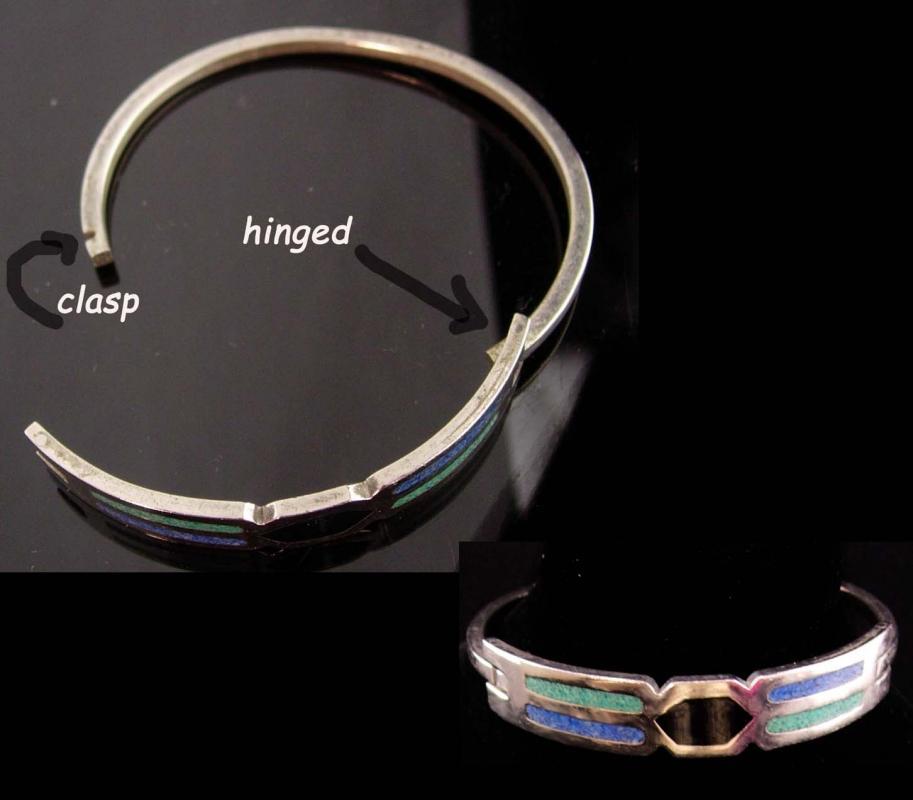 GORGEOUS Indian Bracelet - hinged sterling bangle - turquoise and enamel - mosaic design - silver Mexico jewelry - gift for her