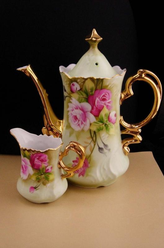 Vintage Lefton Teapot & creamer - porcelain green and pink roses - Gold trim vintage tea or coffee - gift for mom