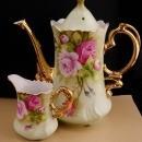 Vintage Lefton Teapot & creamer - porcelain green and  pink roses - Gold trim vintage tea or coffee - gift for mom