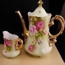 Vintage Lefton Teapot & creamer - porcelain green and  pink roses - Gold trim vintage tea or coffee - gift for mom
