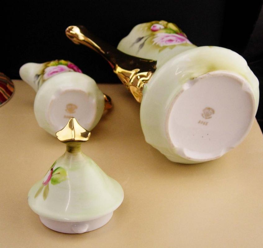 Vintage Lefton Teapot & creamer - porcelain green and pink roses - Gold trim vintage tea or coffee - gift for mom