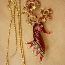 Designer Bob Mackie necklace - Vintage Monet Necklace - Couture Harlequin holiday brooch - Red Enamel Reindeer pin -  Gift for mom