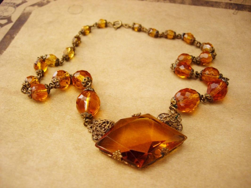 1920s Art Deco Necklace - golden topaz glass -  vintage czech choker - estate jewelry - anniversary gift