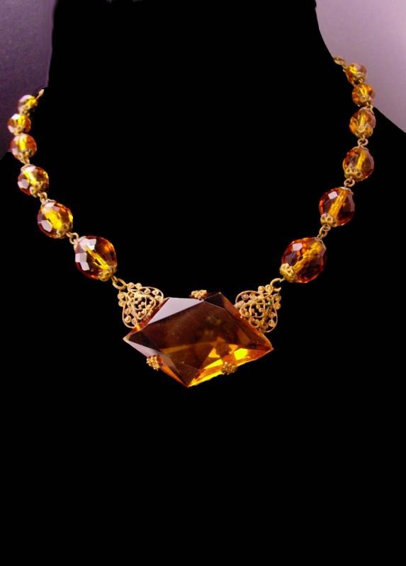 1920s Art Deco Necklace - golden topaz glass -  vintage czech choker - estate jewelry - anniversary gift
