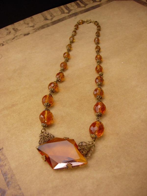 1920s Art Deco Necklace - golden topaz glass -  vintage czech choker - estate jewelry - anniversary gift