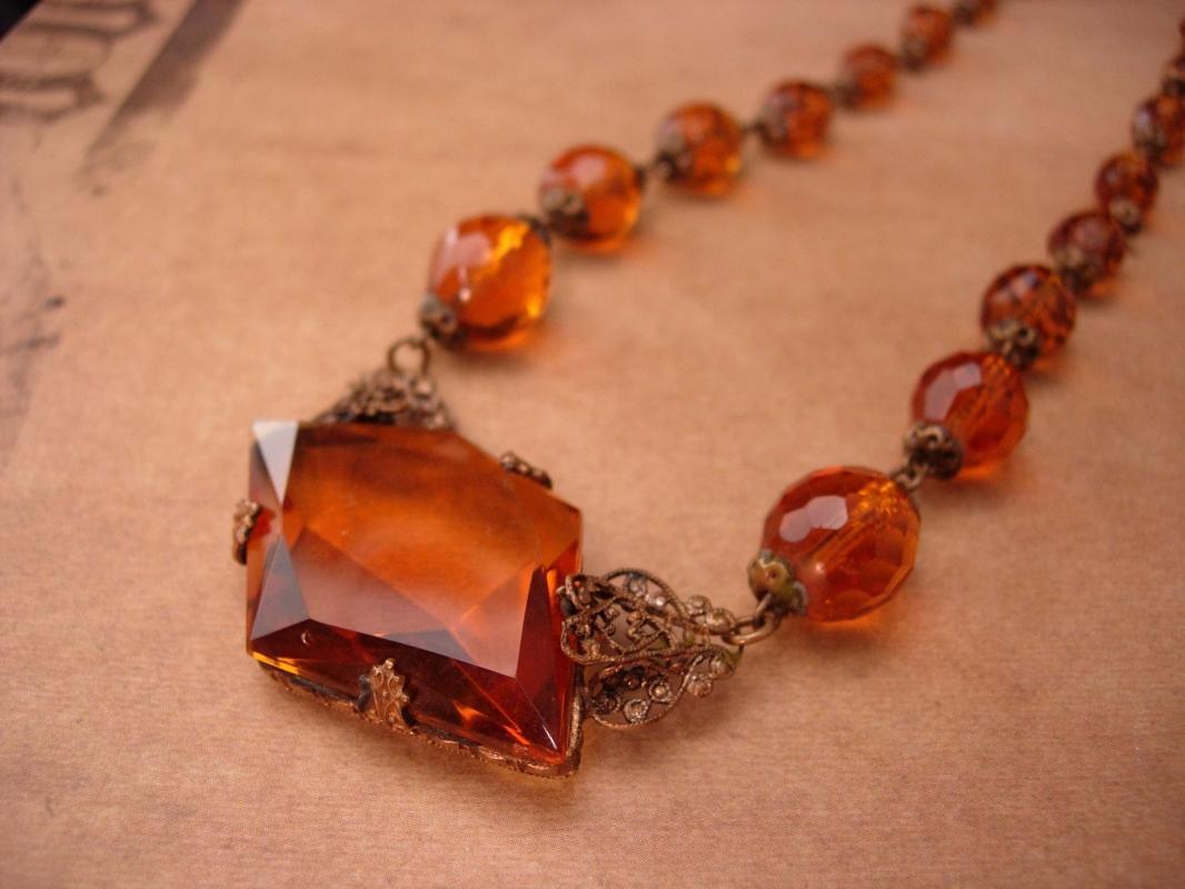 1920s Art Deco Necklace - golden topaz glass -  vintage czech choker - estate jewelry - anniversary gift