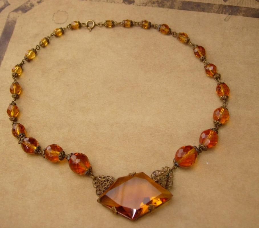 1920s Art Deco Necklace - golden topaz glass -  vintage czech choker - estate jewelry - anniversary gift
