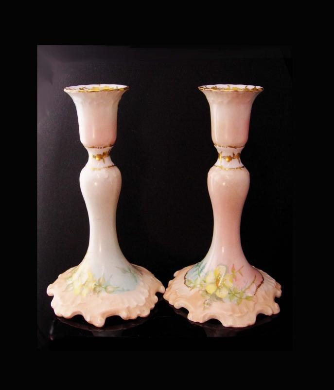 Antique French candlesticks J.P.L. Jean Pouyat Limoges signed set - pale pink marie antoinette - Vintage handpainted - Vanity set