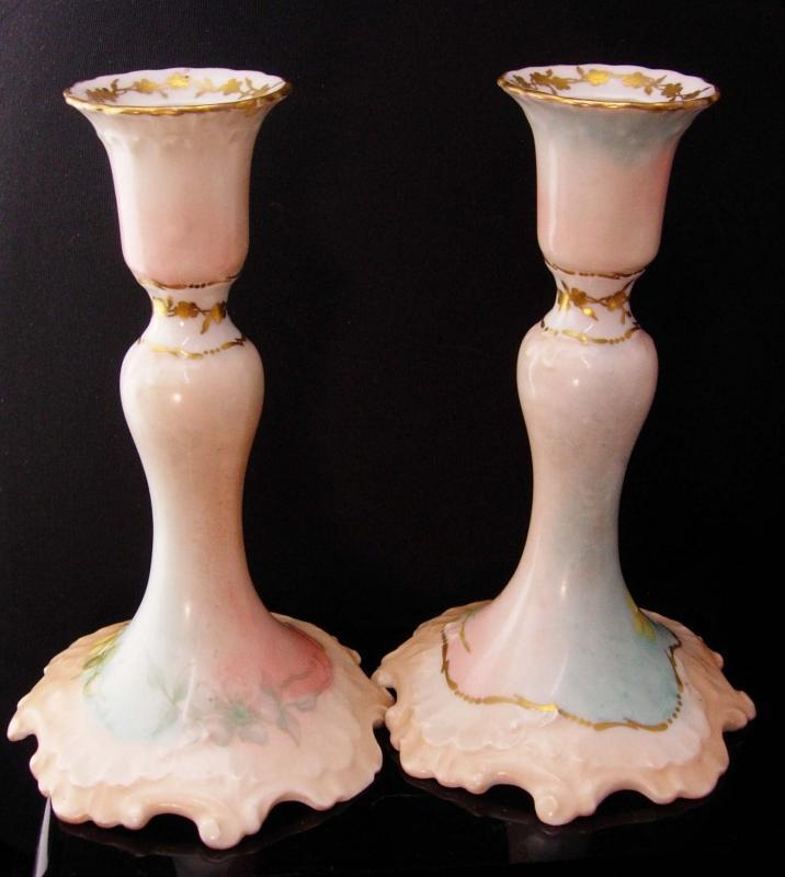 Antique French candlesticks J.P.L. Jean Pouyat Limoges signed set - pale pink marie antoinette - Vintage handpainted - Vanity set