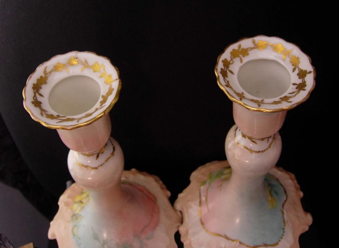 Antique French candlesticks J.P.L. Jean Pouyat Limoges signed set - pale pink marie antoinette - Vintage handpainted - Vanity set