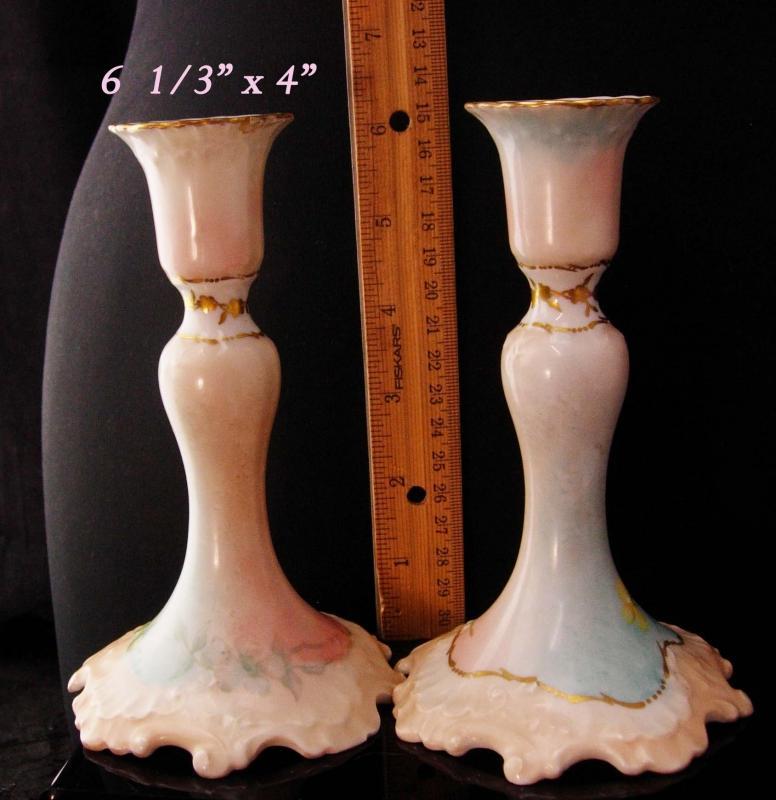 Antique French candlesticks J.P.L. Jean Pouyat Limoges signed set - pale pink marie antoinette - Vintage handpainted - Vanity set