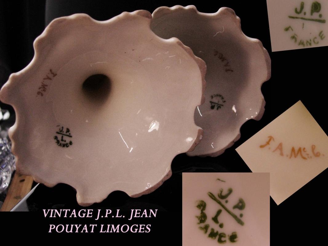Antique French candlesticks J.P.L. Jean Pouyat Limoges signed set - pale pink marie antoinette - Vintage handpainted - Vanity set