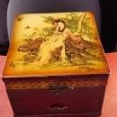 Chinese Painted Jewelry Box - Asian Geisha - Oriental Mirror trinket case - antique style laquer casket - keepsake jewelry case Vintage box