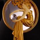Signed Art Nouveau hand Mirror / vintage gold wood goddess mirror / Antique hand mirror / raised relief woman / vanity accessory