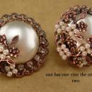 Unsigned Haskell earrings - pearl Clip on earrings - sparkling rhinestones - rose gold plate cluster earrings - Unsigned Beauties
