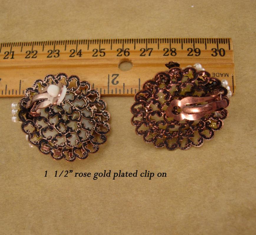 Unsigned Haskell earrings - pearl Clip on earrings - sparkling rhinestones - rose gold plate cluster earrings - Unsigned Beauties