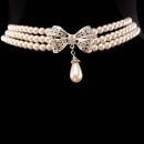 3 strand victorian style necklace - Silver bow with pearl drop - wedding choker - designer couture estate jewelry - anniversary gift