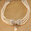 3 strand victorian style necklace - Silver bow with pearl drop - wedding choker - designer couture estate jewelry - anniversary gift